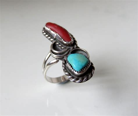 vintage sterling silver turquoise coral ring navajo size u1 2 etsy silver turquoise coral