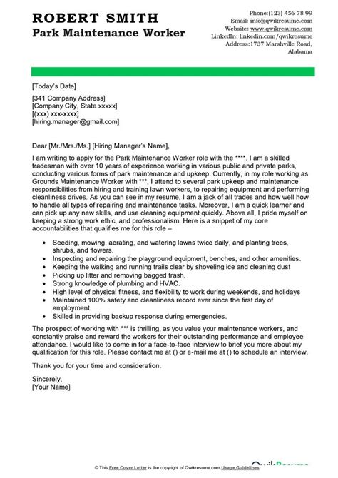 Park Maintenance Worker Cover Letter Examples Qwikresume