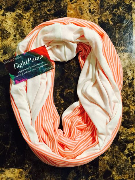 Two Toned Infinity Scarf Cream And Striped Coral Fabric Stretchy