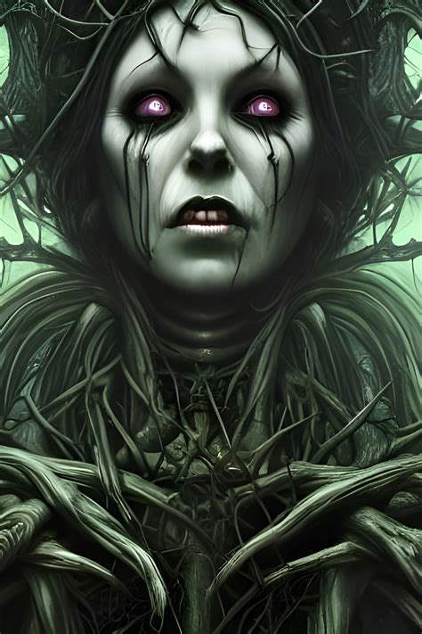 supernatural fantasy woman with pale skin covered in branches and thorns green hue artwork