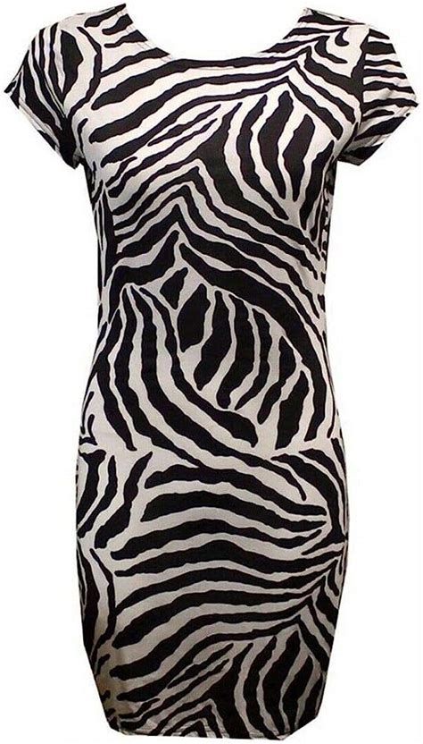 Funkyfashion Women Ladies Short Sleeve Body Con Black White Zebra Printed Midi Dress