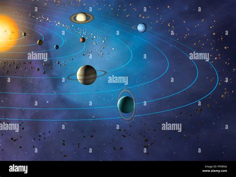 Artwork Of The Solar System Showing The Paths Of The Eight Major Stock