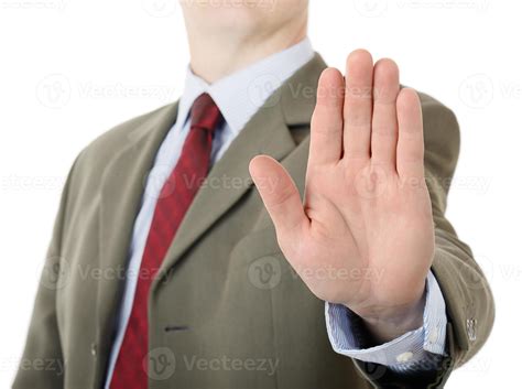 Businessman Holding Up Stop Palm Hand Gesture 992778 Stock Photo At