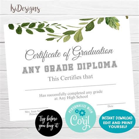 Editable Graduation Certificate Instant Download High School Diploma