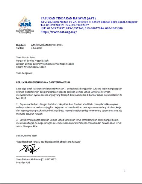 Surat Penghargaan Dan Terima Kasih Atas Perkhidmatan