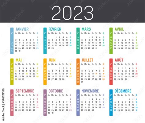 Vecteur Stock Calendrier Agenda 2023 Couleur Avec Numéros De Semaine