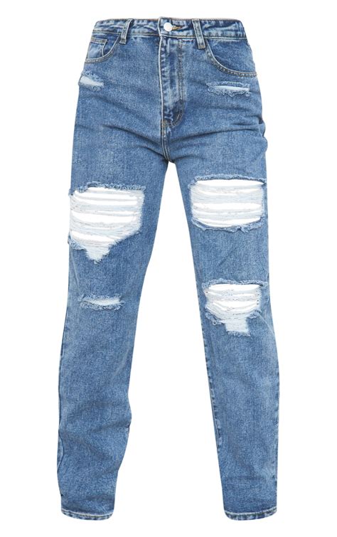 Plt Mid Blue Ripped Mom Jeans Prettylittlething Usa