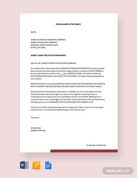 Writing a query letter is akin to going to a job interview. FREE Official Query Letter Template Sample - Word (DOC ...