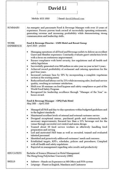 Employment of food and beverage serving and related workers is projected to grow 10 percent over the next ten years, much faster than. Food And Beverage Manager Resume Objective Examples - Best Resume Ideas