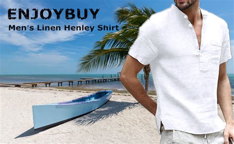 enjoybuy mens linen henley shirts short sleeve summer beach casual plain t shirt button up tee