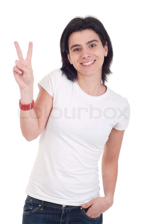 Lächelnd Lässig Frau Zeigt Sieg Handzeichen Isoliert Auf Weißem Hintergrund Stock Bild Colourbox