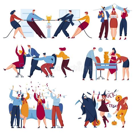 Party At Business Office Set Vector Illustration Happy Flat People