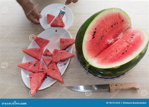 Organic Ripe Seedless Watermelon Cut Into Wedges Stock Photo Image Of