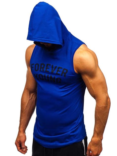 Camiseta De Tirantes Con Estampado Y Capucha Para Hombre Azul Medio