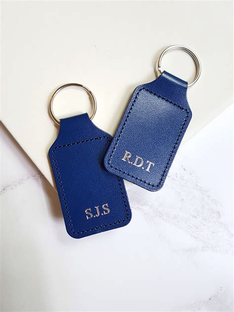 Blue Personalised Leather Keyring Square