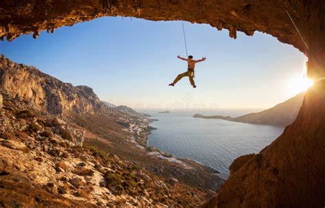Rock Climber Hanging On Rope While Lead Climbing Stock Image Image Of