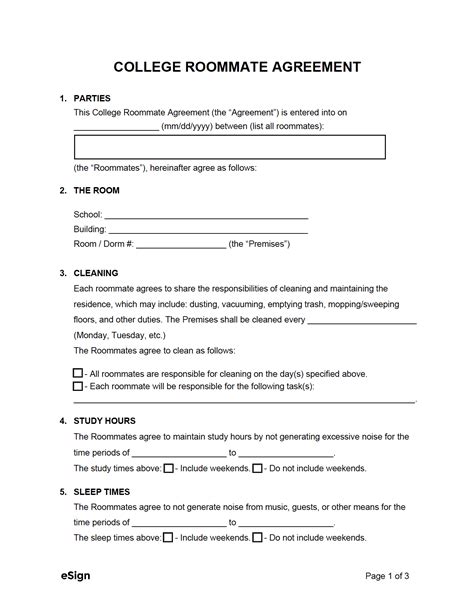 Free College Roommate Agreement Template Pdf Word