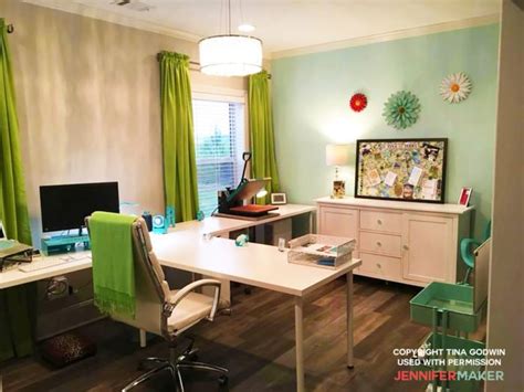 A workspace/desk and a chair. Craft Room Paint Colors & Ideas - Jennifer Maker