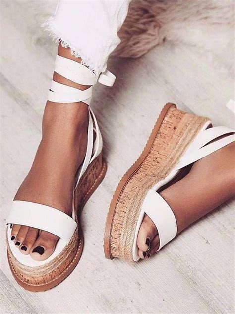 Weiß Runde Zehe Keilabsatz Schnürung Lace Up Römer Mode Sommer Sandalen Damen Schuhe Sale