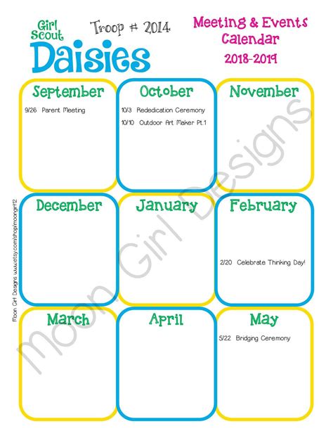Daisy Girl Scout Yearly Calendar Troop Fillable Edit Customize Etsy