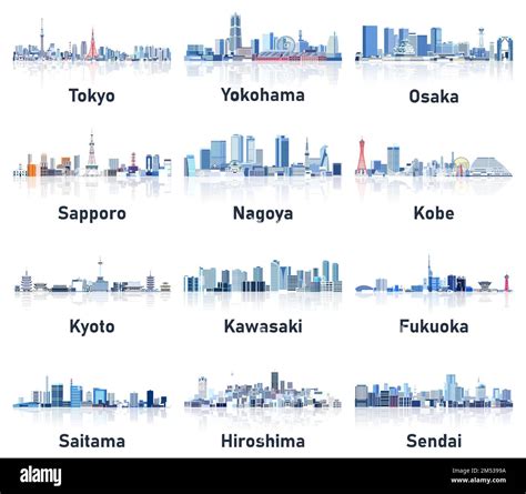 Japan Cities Skylines In Soft Cold Tones Color Palette Vector Set
