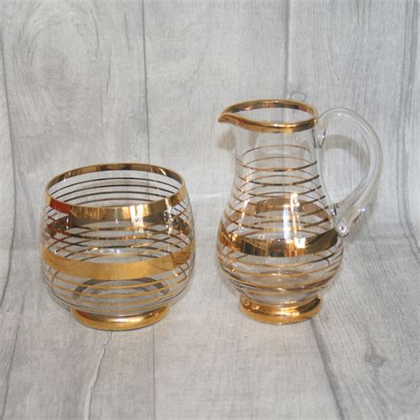 Glass Jug And Bowl With Gold Rim Etsy Uk Glass Jug Gold Rims Glass