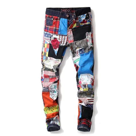 Buy Slim Jeans Men Denim Colorful Cloth Patchwork