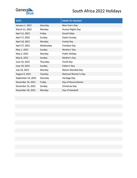 South Africa Holidays 2022 In Pdf Word And Excel