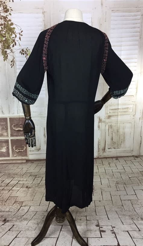 Original 1930s 30s Vintage Black Crepe Dress With Embroidered Etsy