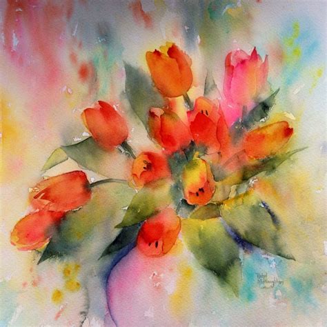 Watercolour Of Tulips Painted Wet In Wet For A Soft Loose Painting