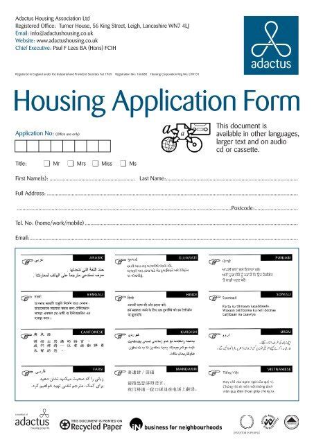 Housing Application Form Adactus Housing Group Ltd