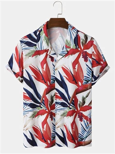 Herren Hemd Hawaiihemd Sommerhemd Sommerhemd Blätter Umlegekragen Rot Weiß Strasse Casual