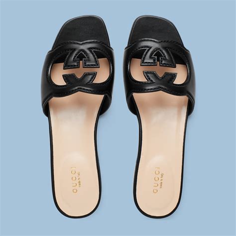 Womens Interlocking G Cut Out Slide Sandal In Black Leather Gucci Us