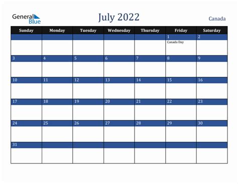 July 2022 Monthly Calendar With Canada Holidays
