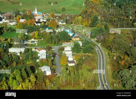 Aerial View Of Hyde Park Vt On Scenic Route 100 In Autumn Stock Photo