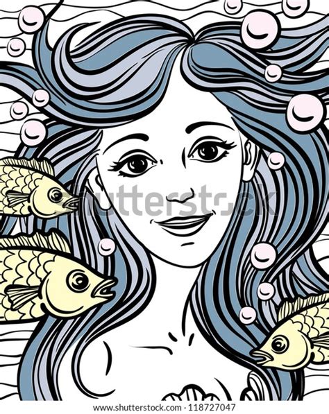 Sketch Yellow Fish Mermaid Blue Hair Stock Vector Royalty Free