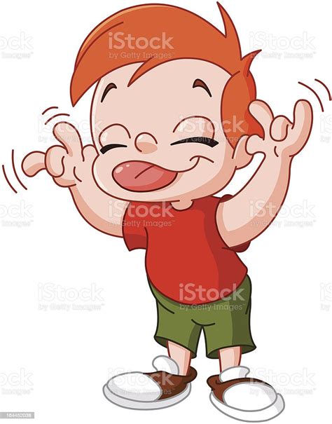Young Red Headed Boy Makes Silly Face Using Tongue And Hands Stock