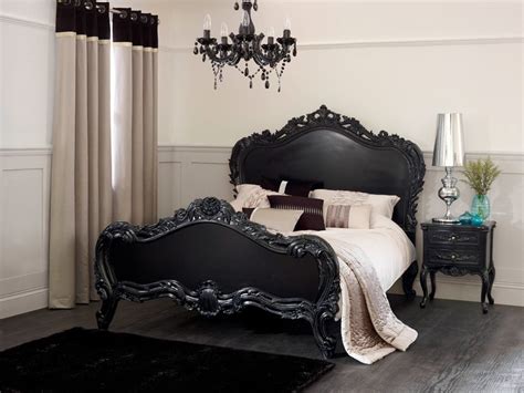 French Noir Black Painted Heavy Carved 4ft 6in Double Bed Gothic