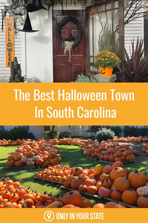 the best halloween town in south carolina with lots of pumpkins on the front lawn