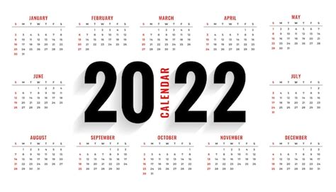 Free Vector Simple 2022 Wide Calendar Template Design