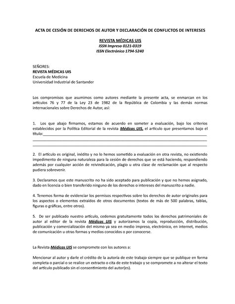 Formato De Carta De Autoría 2 Acta De CesiÓn De Derechos De Autor Y