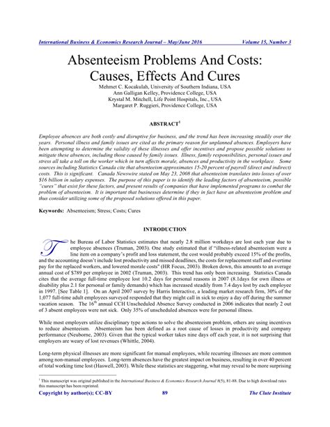Pdf Absenteeism Problems And Costs Causes Effects And Cures