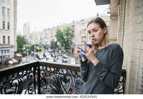 Beautiful Young Girl Cup Morning Coffee Stock Photo 420524365