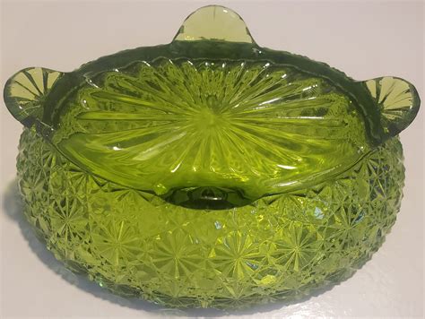 Vintage Fenton Green Glass Button Daisy Footed Scalloped Etsy