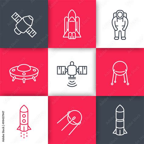 Space Line Icons On Squares Satellite Astronaut Space Shuttle