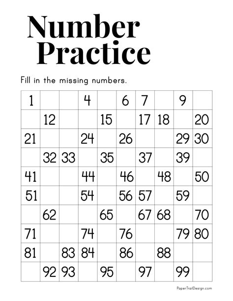 Fill In Missing Numbers 100 Chart
