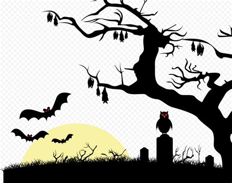Hd Halloween Scene Tree Branches Owls Bats Png Citypng