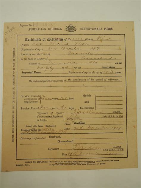 Certificate Of Discharge H48411 Queensland Museum Network