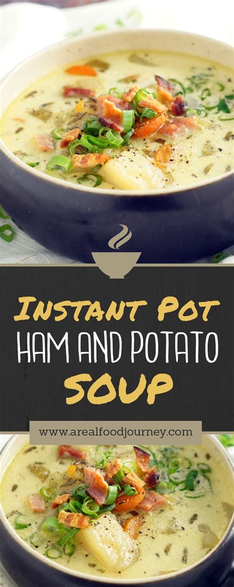 Instant Pot Ham And Potato Soup In A Blue Bowl