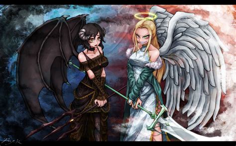 Ray K Highres 2girls Angel Angel And Devil Angel Wings Bat Wings